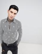 Devil's Advocate Long Sleeve Slim Fit Fine Stripe Floral Overprint Shirt-black