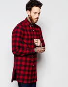 Asos Longline Shirt In Red Buffalo Plaid - Burgundy