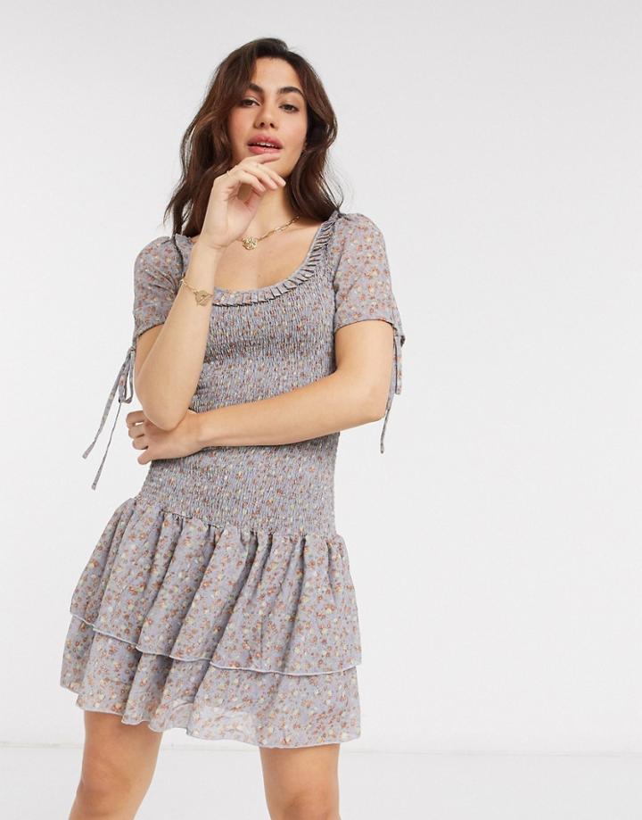 Vila Mini Dress With Tiered Skirt In Ditsy Floral-multi