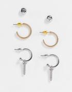 Topshop Pack Of 3 Screw Earrings In Silver And Gold-multi
