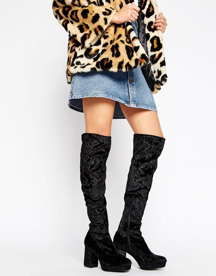 Truffle Over The Knee Platform Heel Boot - Black