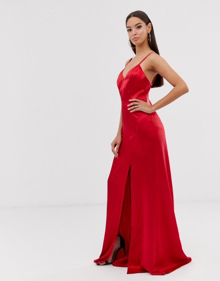 Club L London Satin Thigh Split Maxi Dress-red