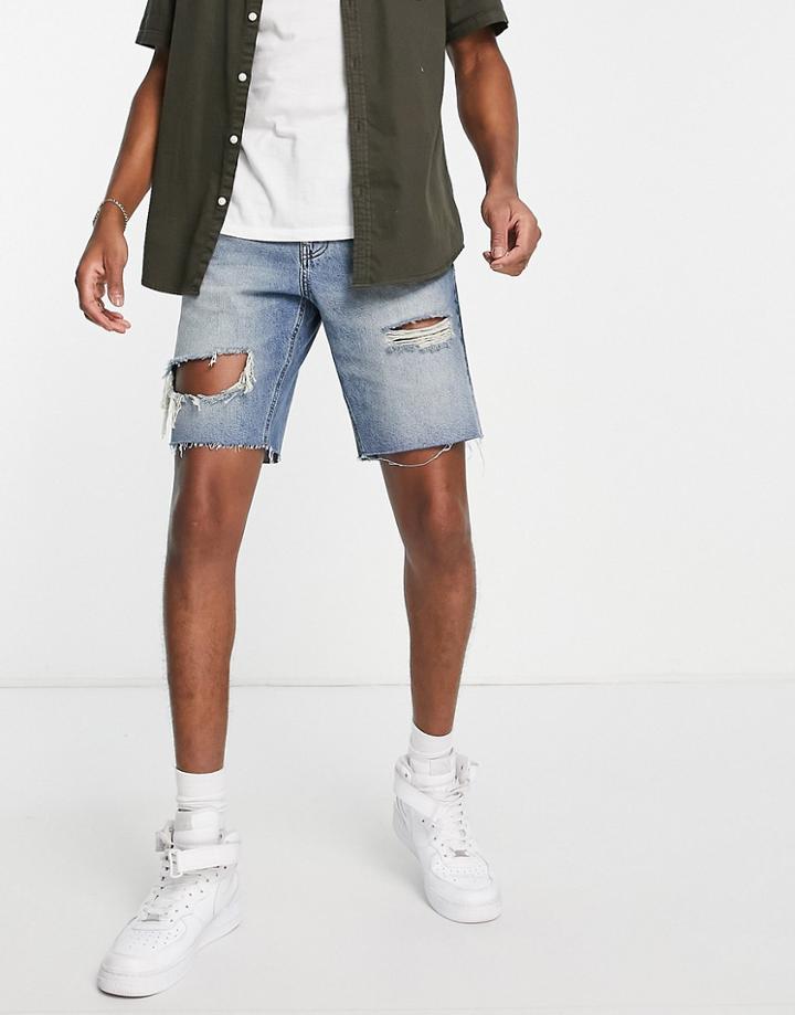 Asos Design Slim Denim Shorts In Mid Wash Blue Tint With Raw Hem And Thigh Rips