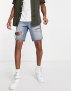 Asos Design Slim Denim Shorts In Mid Wash Blue Tint With Raw Hem And Thigh Rips