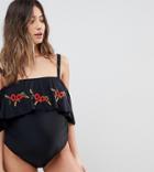 Asos Maternity Floral Embroidered Frill Bardot Swimsuit - Black