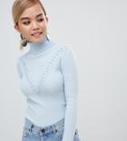 Fashion Union Petite High Neck Sweater In Textured Knit - Blue