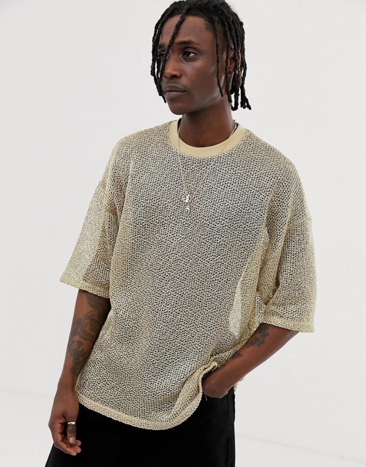 Asos Design Oversized T-shirt With Half Sleeve In Gold Chainmail Mesh - Gold