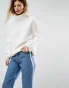 Asos Premium Sweater With High Neck And Cable Sleeve - Cream