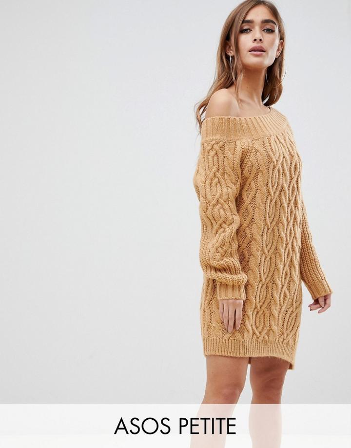 Asos Design Petite Cable Rib Off Shoulder Mini Dress In Rib - Stone