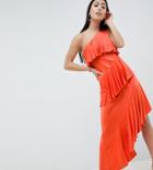 Asos Design Petite One Shoulder Drapey Tiered Midi Dress - Orange
