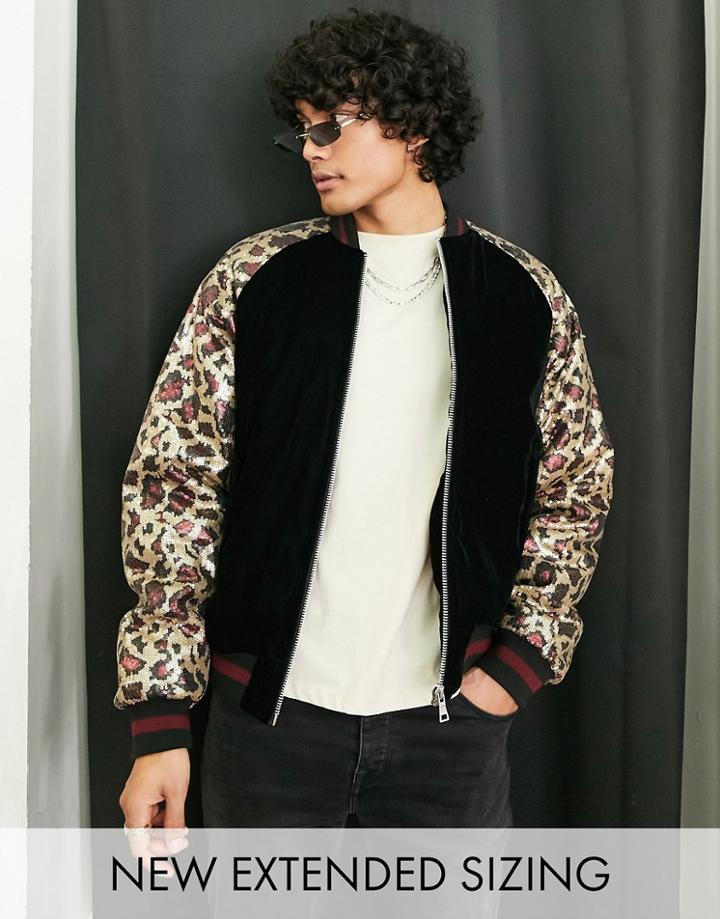 Asos Design Heavyweight Bomber Jacket With Animal Sequin Detail In Black