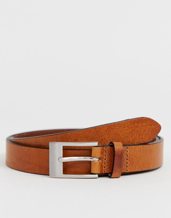 Asos Design Leather Slim Belt In Vintage Tan And Silver Buckle - Tan