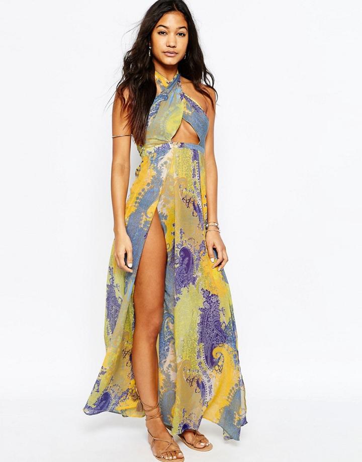 Asos Scarf Print Cross Neck Split Maxi Beach Dress - Scarf Print
