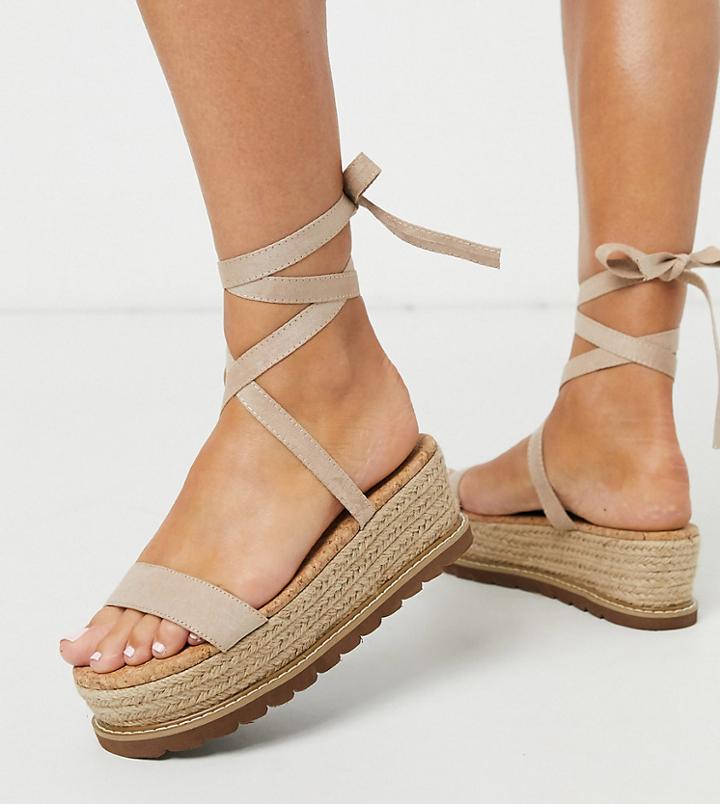 Asos Design Wide Fit Winnie Tie Leg Espadrille Flatforms In Beige-neutral