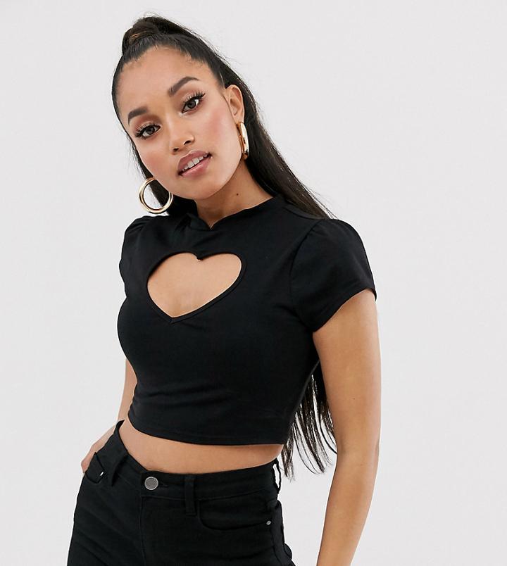 Asos Design Petite Mandarin Collar Top With Heart Cut Out In Black