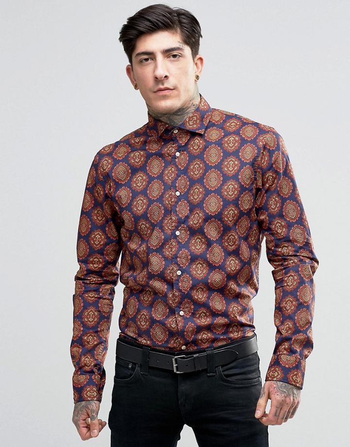 Scotch & Soda Shirt With All Over Paisley With Cut Away Collar In Slim Fit With Stretch In Navy - Navy