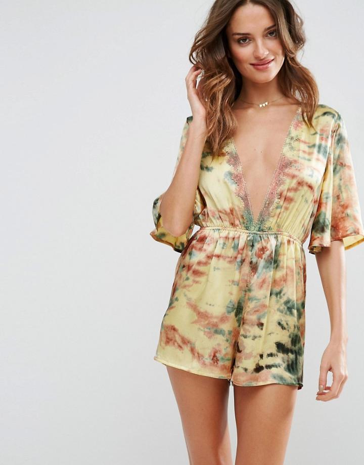 Asos Satin Tie Dye Lace Trim Beach Romper - Yellow