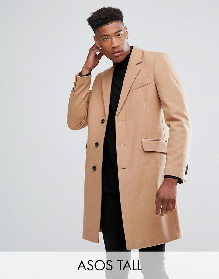 Asos Tall Wool Mix Overcoat In Camel - Tan