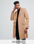 Asos Tall Wool Mix Overcoat In Camel - Tan