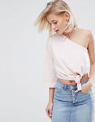Pull & Bear One Shoulder Stripe Tie Front Top - Pink