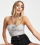 Reclaimed Vintage Inspired Ribbed Bandeau Top With Daisy Embroidered Logo In Gray - Part Of A Set-multi