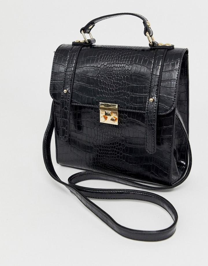 Asos Design Push Lock Satchel In Croc-black