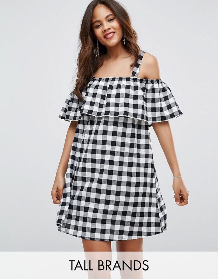Influence Tall Frill Cold Shoulder Gingham Dress - Black