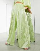 Asos Edition Wide Leg Pant With Pleat Front In Sequin - Part Of A Set-green