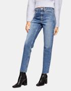 Topshop Ripped Hem Straight Leg Jeans In Mid Wash Blue-blues