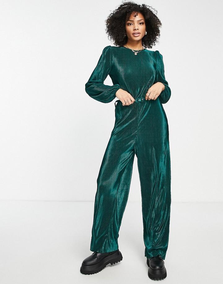 Asos Design Long Sleeve Belted Plisse Jumpsuit In Forest Green