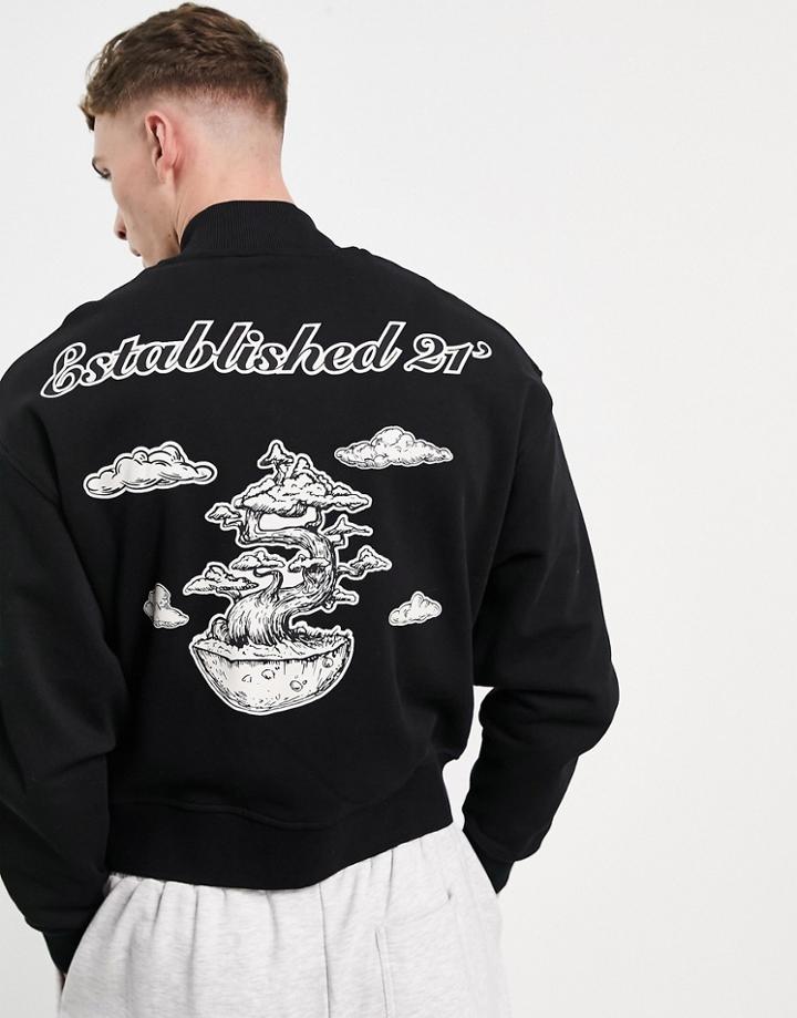 Asos Design Oversized Jersey Bomber Jacket In Black With Bonsai Back Print