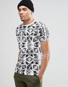 Asos T-shirt With Monochrome Geo-tribal All Over Print In Relaxed Fit
