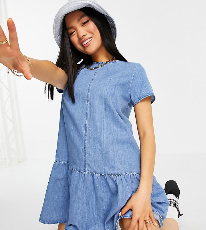 Noisy May Petite Denim Smock Dress With Drop Hem In Blue-blues