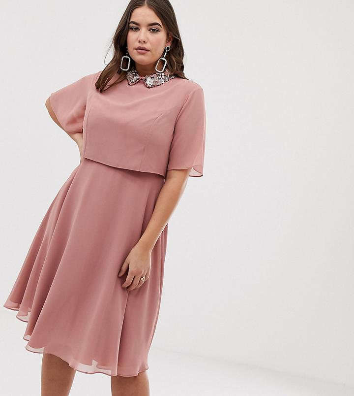 Asos Design Curve Midi Dress With Crop Top And 3d Embellished Collar - Pink