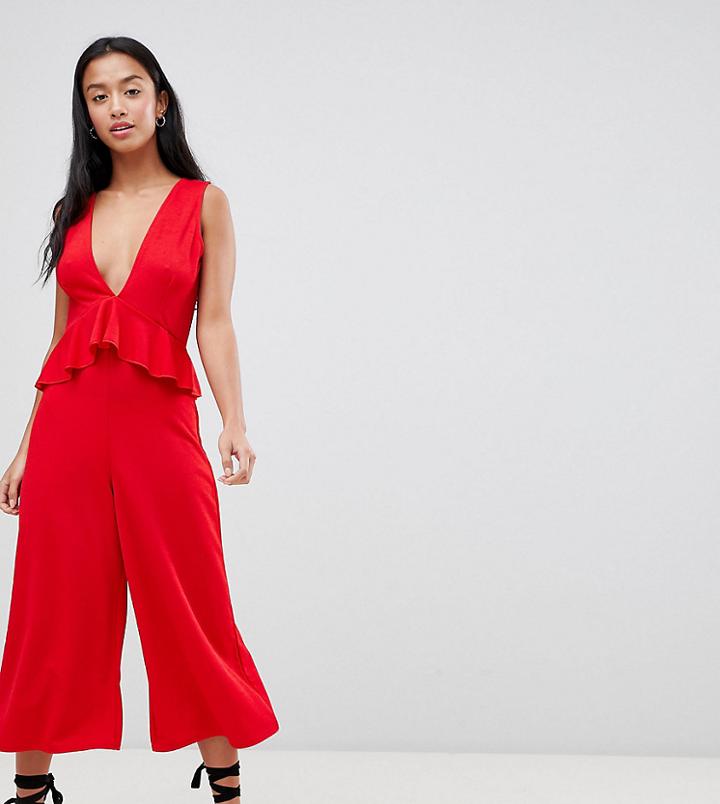 Boohoo Petite Plunge Culotte Jumpsuit - Red