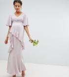 Asos Design Maternity Ruffle Flutter Sleeve Maxi Dress With Embellished Belt-pink