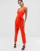 Asos Design Wrap Front Jumpsuit With Peg Leg And Self Belt-red