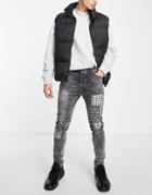 Sixth June Denim Jeans With Bandana Tartan Yoke In Gray