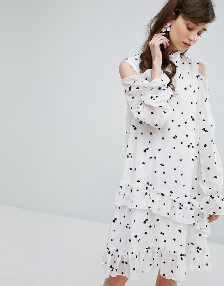 Sister Jane Embroidered Tunic Dress With Cold Shoulder - White