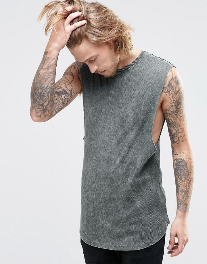 Asos Rib Longline Sleeveless T-shirt With Acid Wash In Green - Khaki