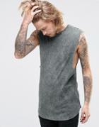 Asos Rib Longline Sleeveless T-shirt With Acid Wash In Green - Khaki