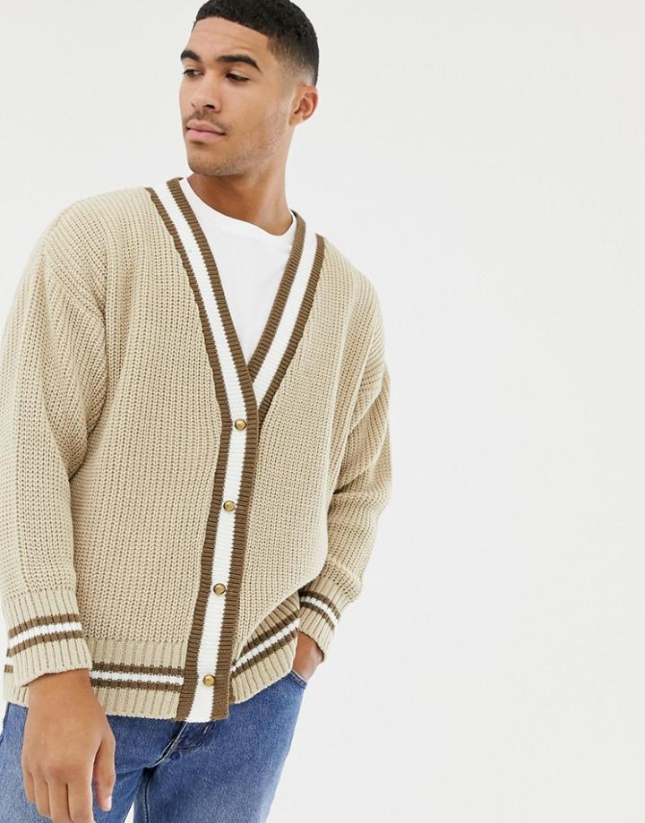 Boohooman Cardigan With Stripe Detail In Beige - Beige