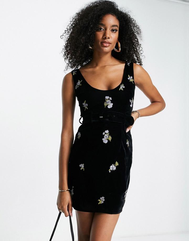 Asos Design Velvet Mini Dress With Disty Floral Embroidery And Belt Detail In Black