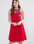 Little Mistress Embroidered Chiffon Shift Dress - Red