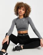 Twill Active Recycled Seamless Long Sleeved Cut Out Back Crop Top In Gray Heather-black