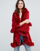 Jayley Faux Fur Trim Double Layer Wool Poncho - Red
