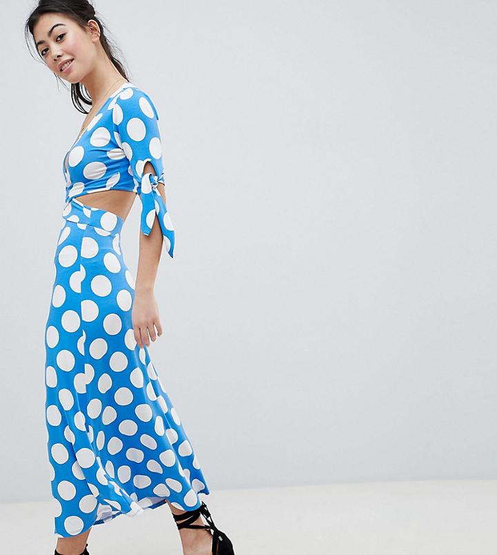 Asos Design Petite Wrap Front Tea Dress With Bow Sleeve In Polka Dot-multi