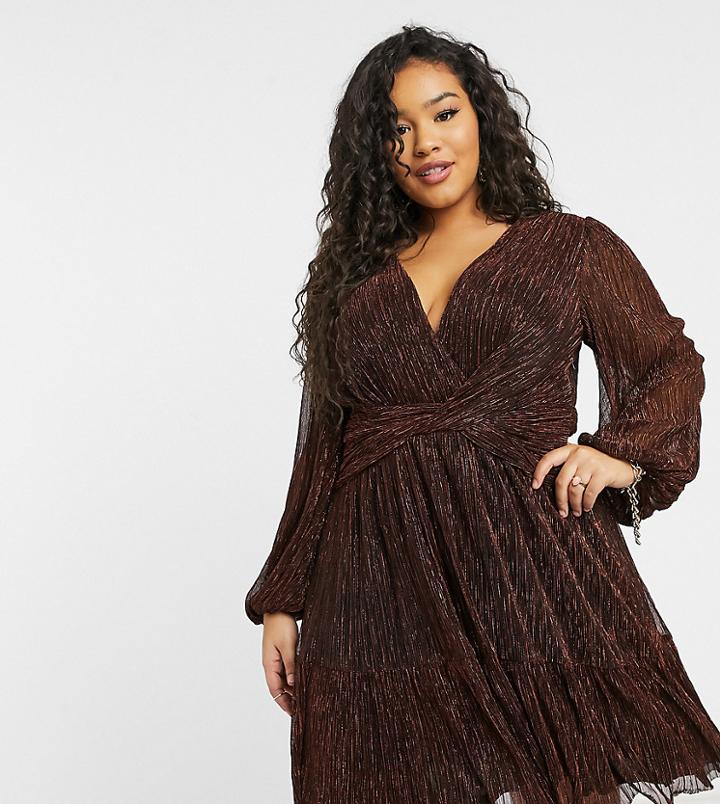 Ever New Curve Metallic Crinkle Mini Dress In Brown