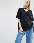 Asos White Oversized T-shirt With V-cut Out Detail - Black