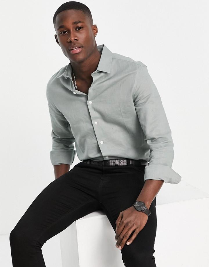 Asos Design Smart Linen Shirt In Smokey Green